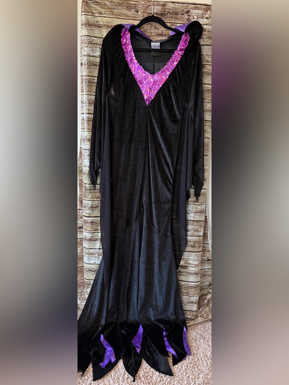 Maleficent Black Velvet Gothic Dress with Purple Sequin V-Neck Size-Junior Large
